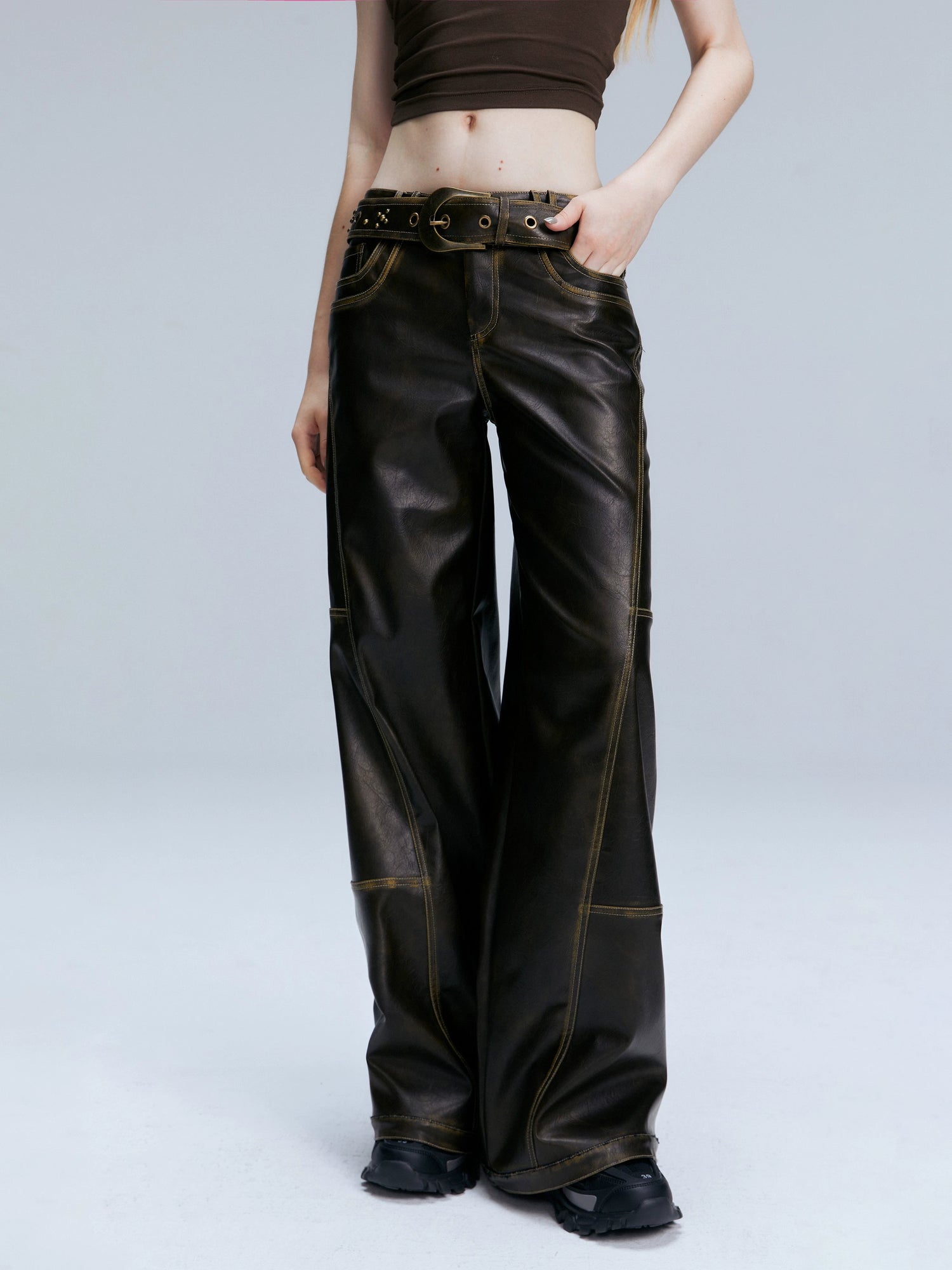 Brown PU Straight-Leg Pants
