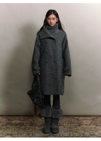 Stand-Collar Bouclé Wool Long Coat