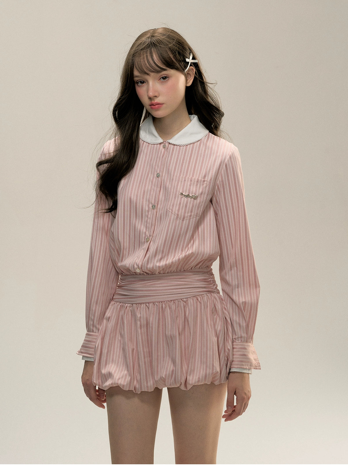 Pink Striped Bow-tie Collar Dress