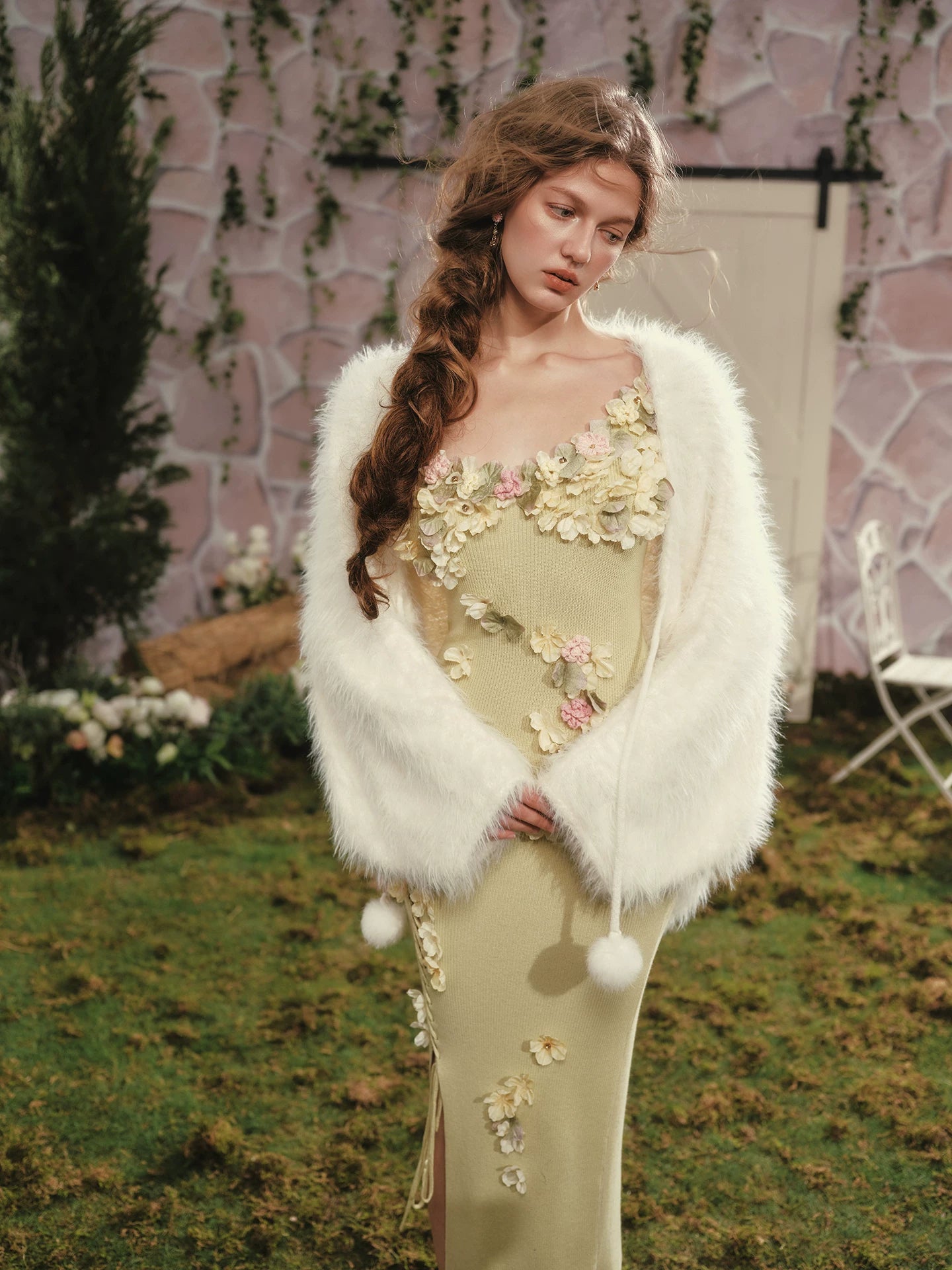 French Couture Floral Knit Split Slip Dress