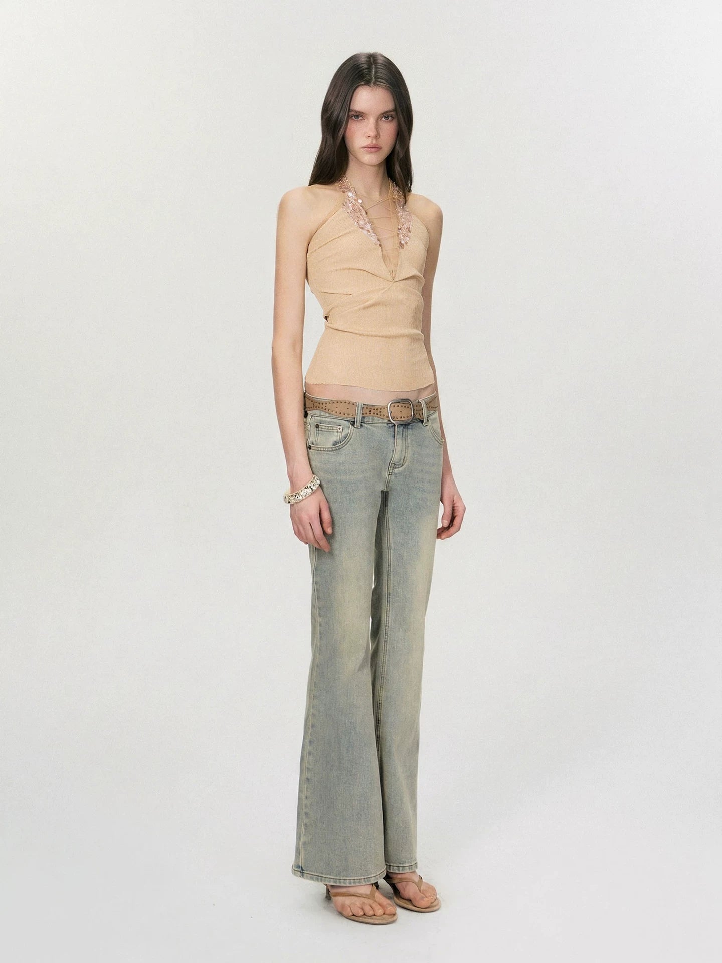Vintage Deep V Sequin Halterneck Slim Fit Tank Top