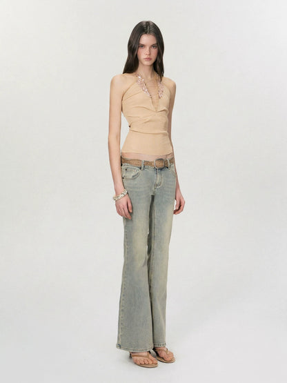 Vintage Deep V Sequin Halterneck Slim Fit Tank Top