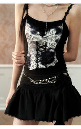 White & Black Lace-Trimmed Rose Brooch Mini Skirt - CHINASQUAD