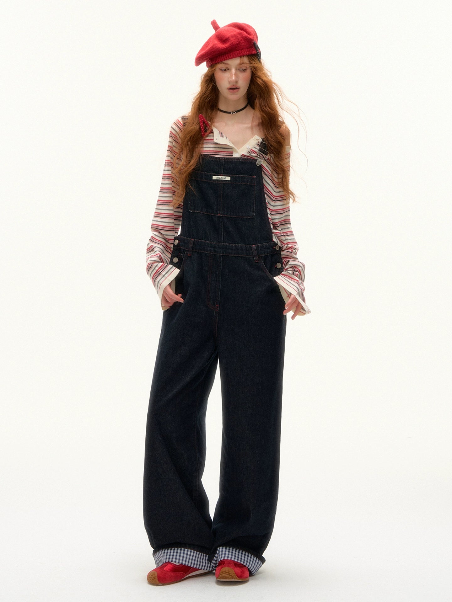 Raw Denim Wide-Leg Overalls with Red Stitching