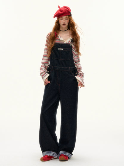 Raw Denim Wide-Leg Overalls with Red Stitching