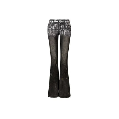 Black Embroidered Silver-Stamped Flared Jeans - CHINASQUAD