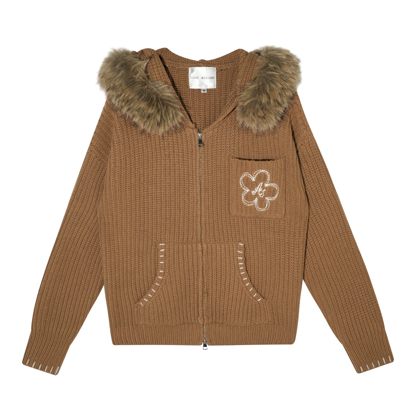 Embroidered Knit Zip-Up Hoodie Cardigan