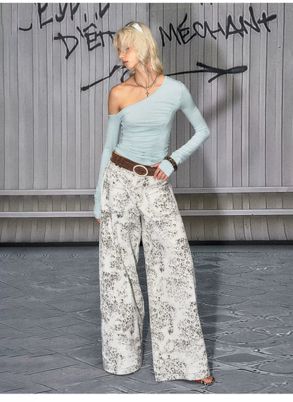 Vintage Leopard-Print Cotton Wide-Leg Jeans