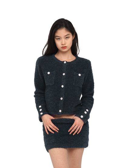 Navy Contrasting Buttons Knit Cardigan &amp; Skirt Set