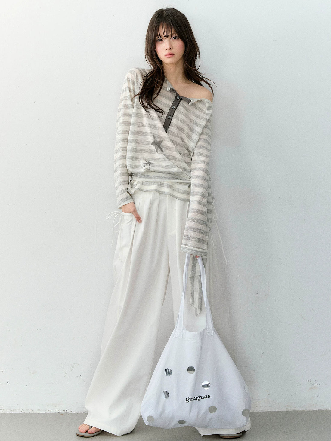 Star Print Off-Shoulder Striped Relaxed Knit Blouse
