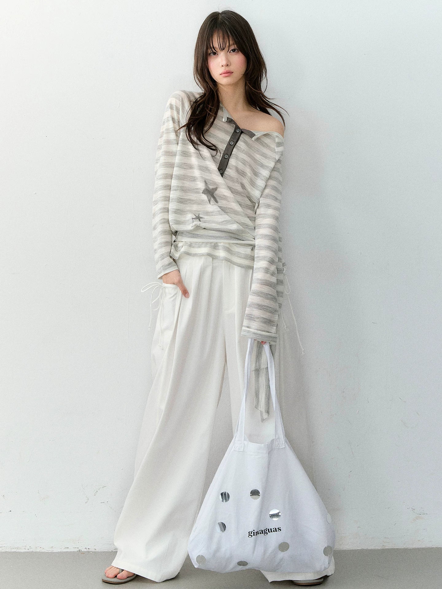 Star Print Off-Shoulder Striped Relaxed Knit Blouse