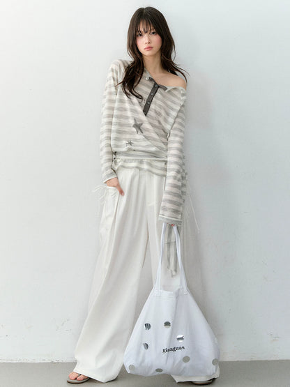 Star Print Off-Shoulder Striped Relaxed Knit Blouse