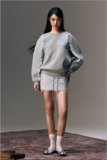 Gray Lace Patchwork Sweatshirt &amp; Skirt Set - CHINASQUAD