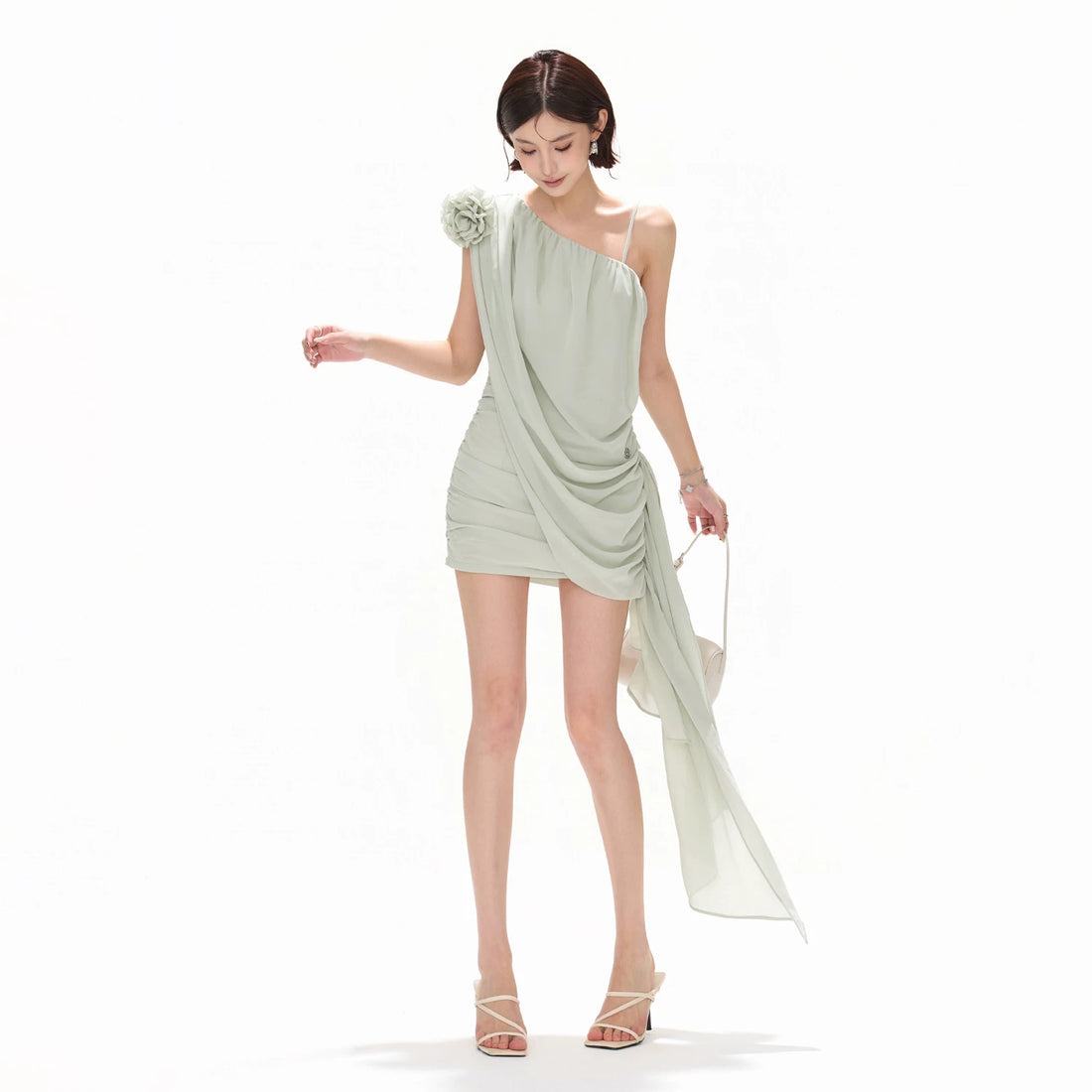Asymmetric One-Shoulder Floral Chiffon Mini Dress with Draped Ties