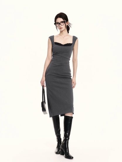 Refined Square-Neck Sculpted Midi Dress