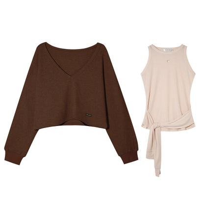 Waffle Knit V-Neck Pullover &amp; Tank Top &amp; Wide-Leg Pants Set