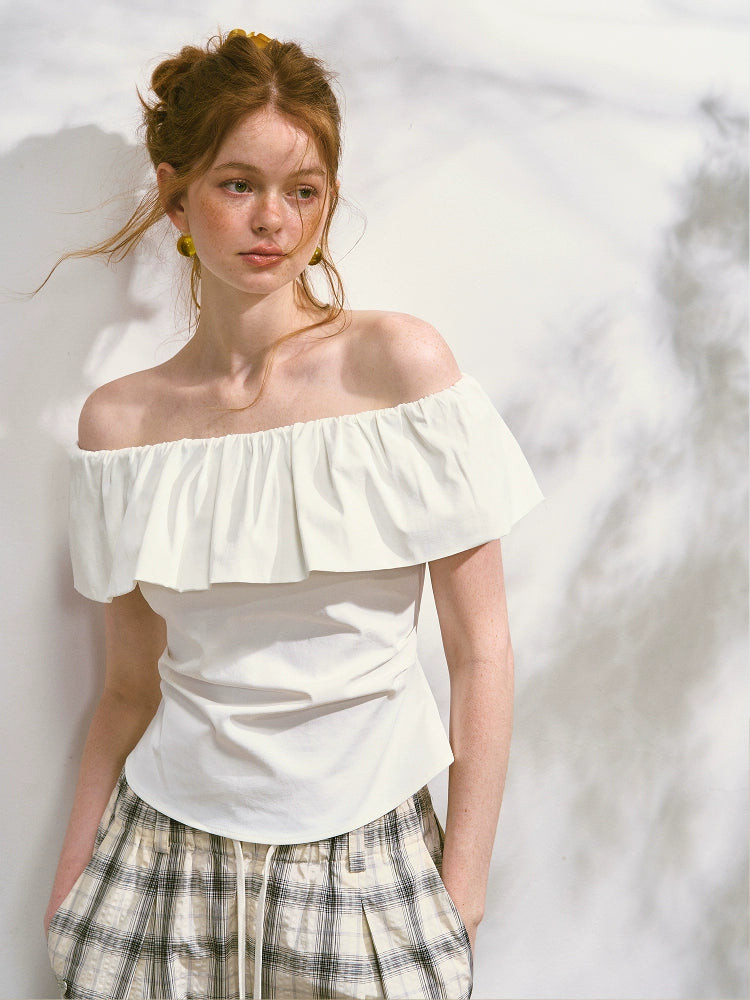 White Ruffled Off-Shoulder T-shirt