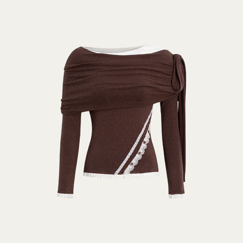 Asymmetric Off-Shoulder Bow-Tie Knit T-Shirt