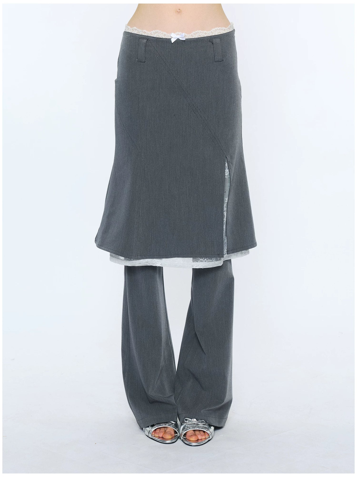 Lace Waist Bow Flared Skirt Pants