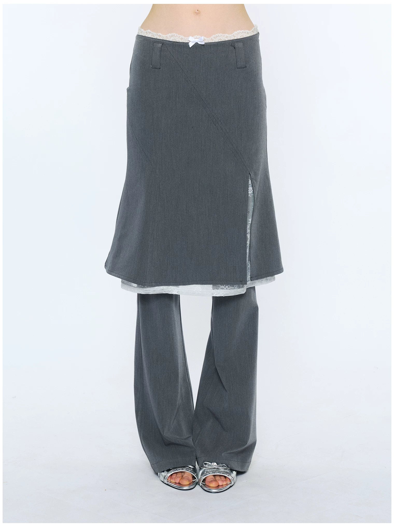 Lace Waist Bow Flared Skirt Pants