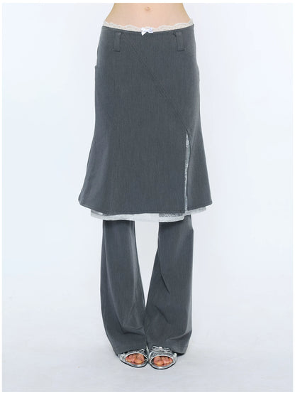 Lace Waist Bow Flared Skirt Pants