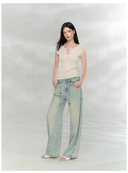 Beaded V-Neck Slim Knit T-Shirt