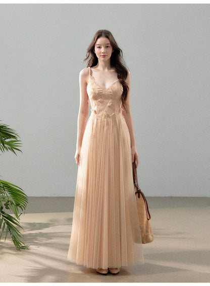 Peach Mist Floral Tulle Layered Slip Maxi Dress