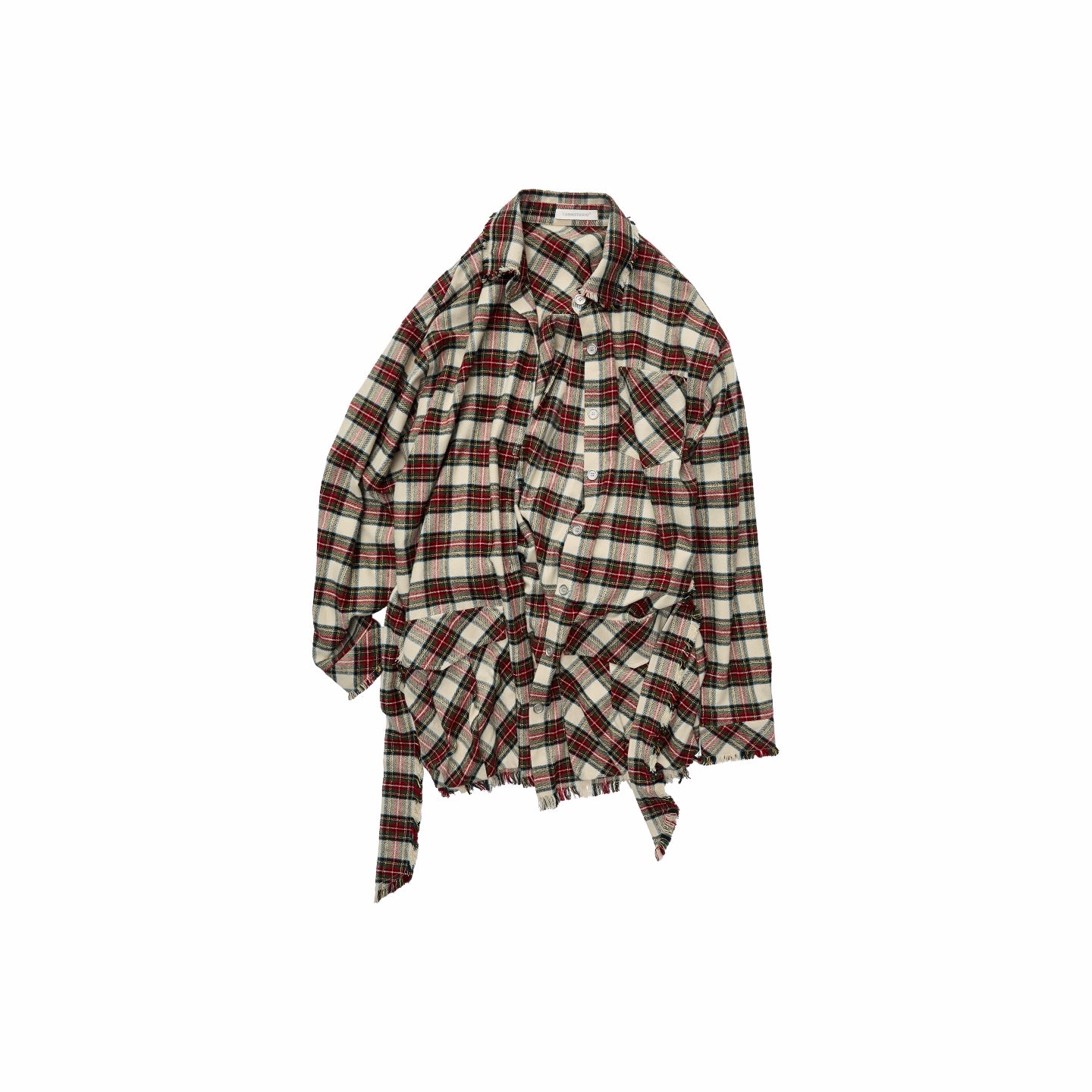 Vintage Red Plaid Frayed-Edge Utility Shirt Dress