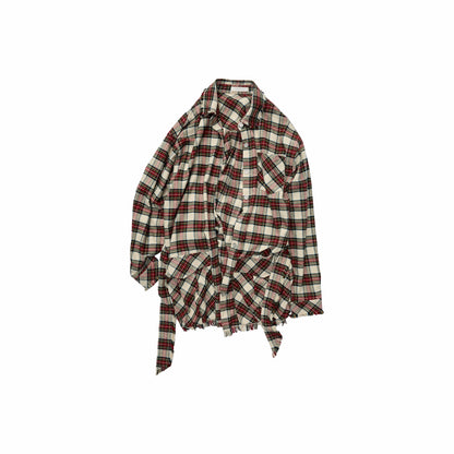 Vintage Red Plaid Frayed-Edge Utility Shirt Dress