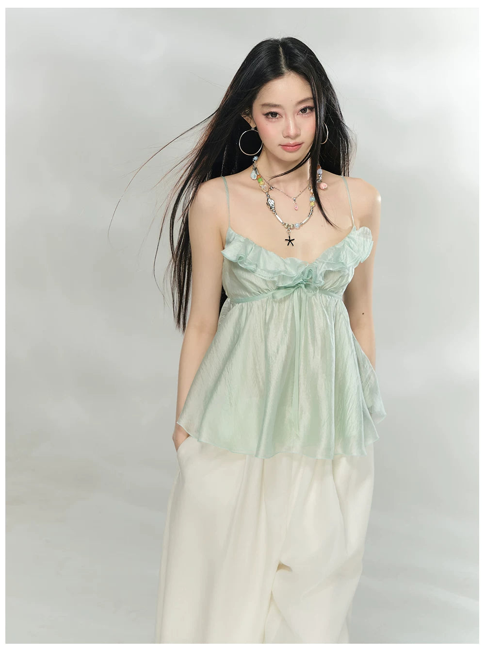 Ruffled Trim Acetate Slim-Fit Camisole