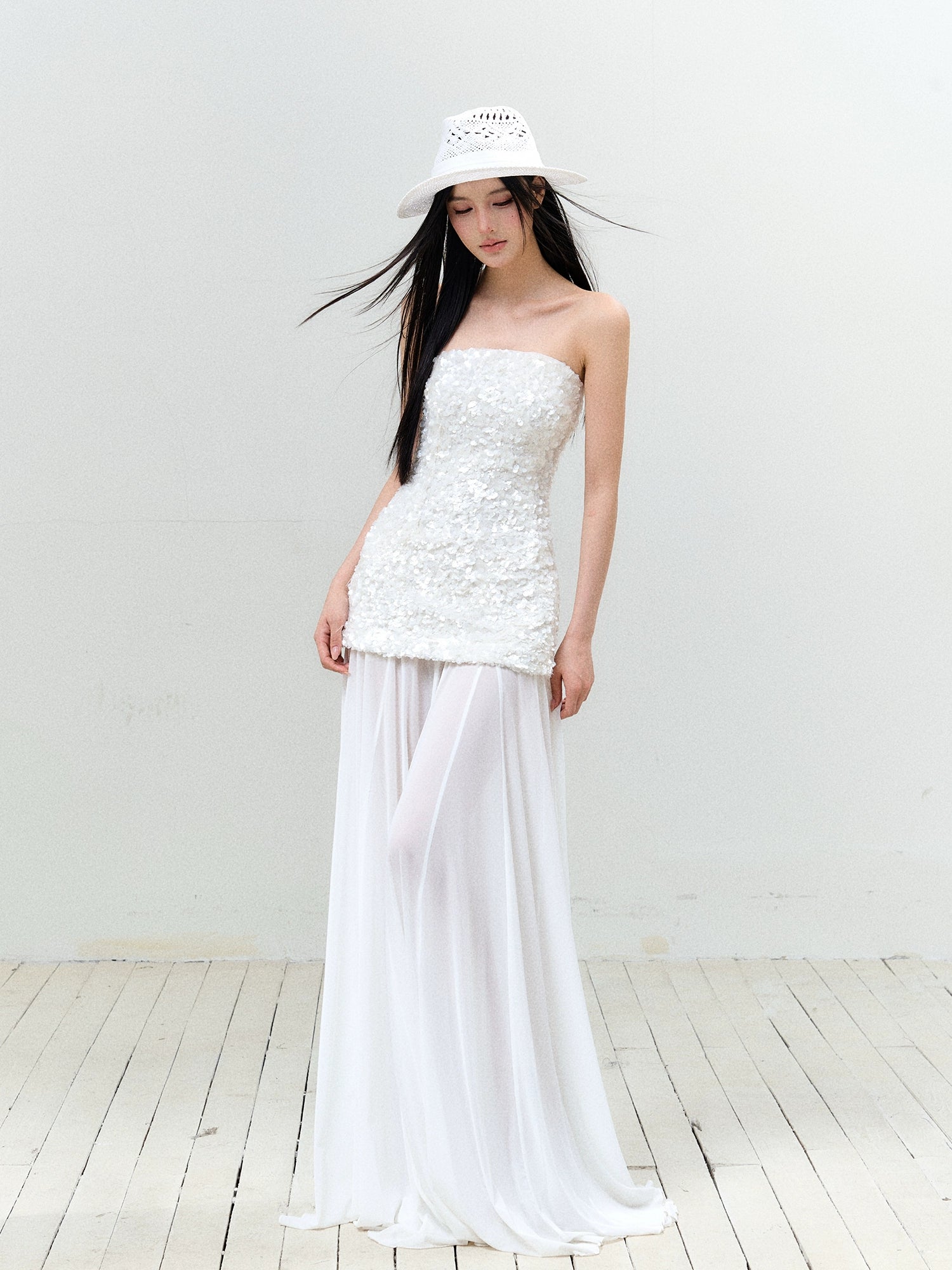 Sequin Mesh Strapless Dress
