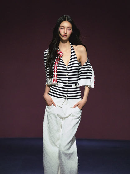 Contrast Stripe Halter Camisole Tank Top &amp; Cardigan Set - CHINASQUAD