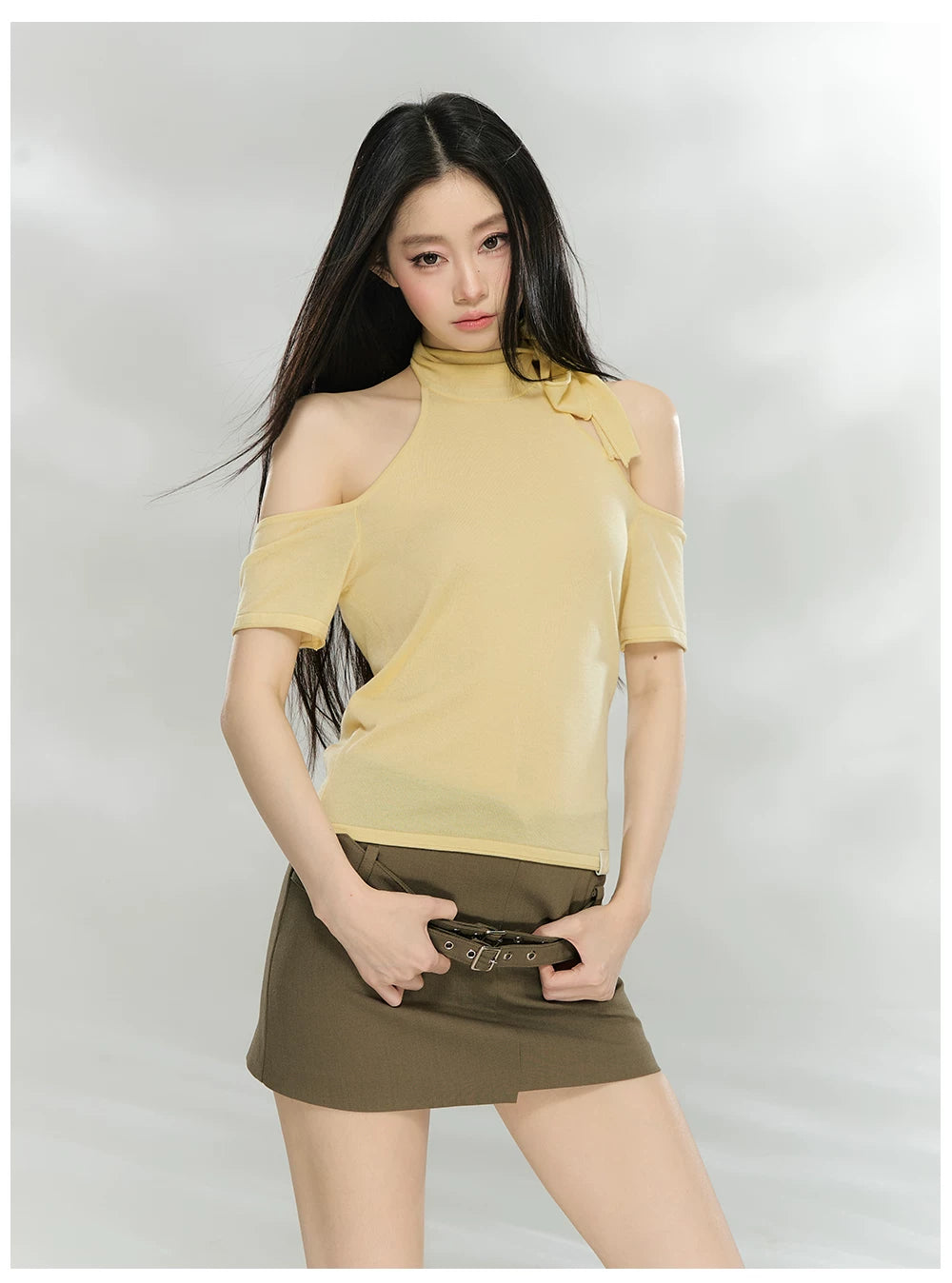 Off-Shoulder Patchwork Knit Cropped T-Shirt