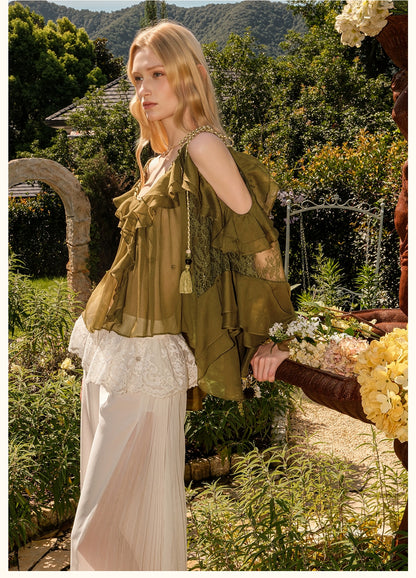 Flowy Chiffon Ruffle Rope Blouse