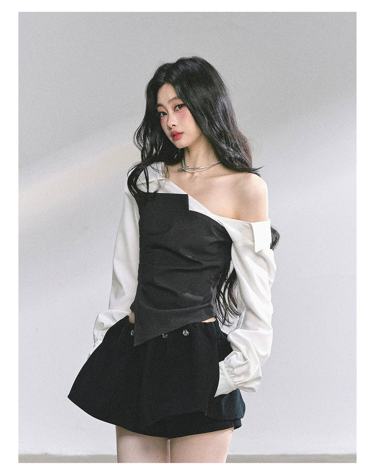 Faux Two-Piece Asymmetric Shoulder Shirt