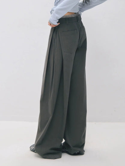 Asymmetric Pleated Curved Wide-Leg Trousers