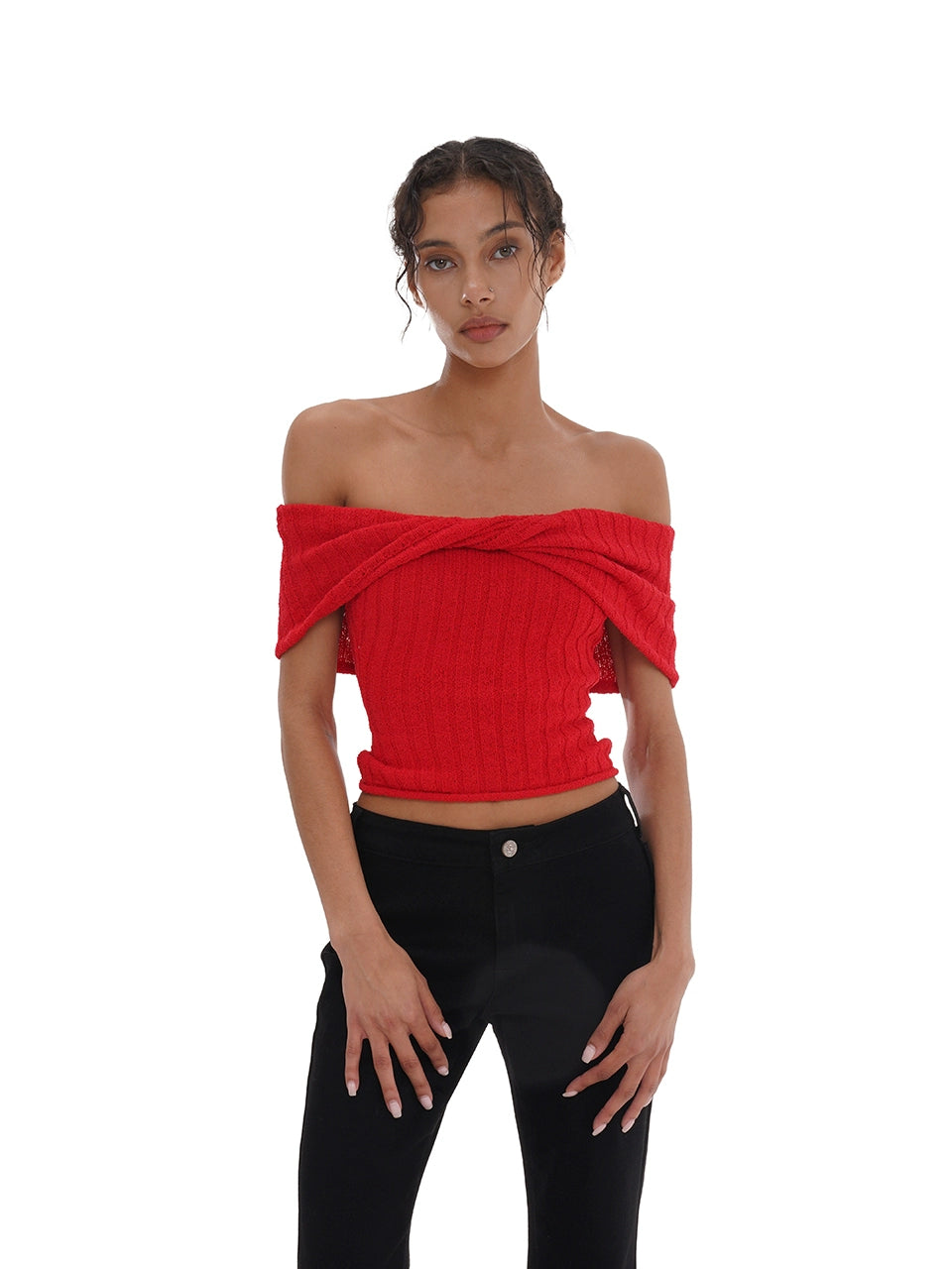 White &amp; Red Off-Shoulder Knitted Top