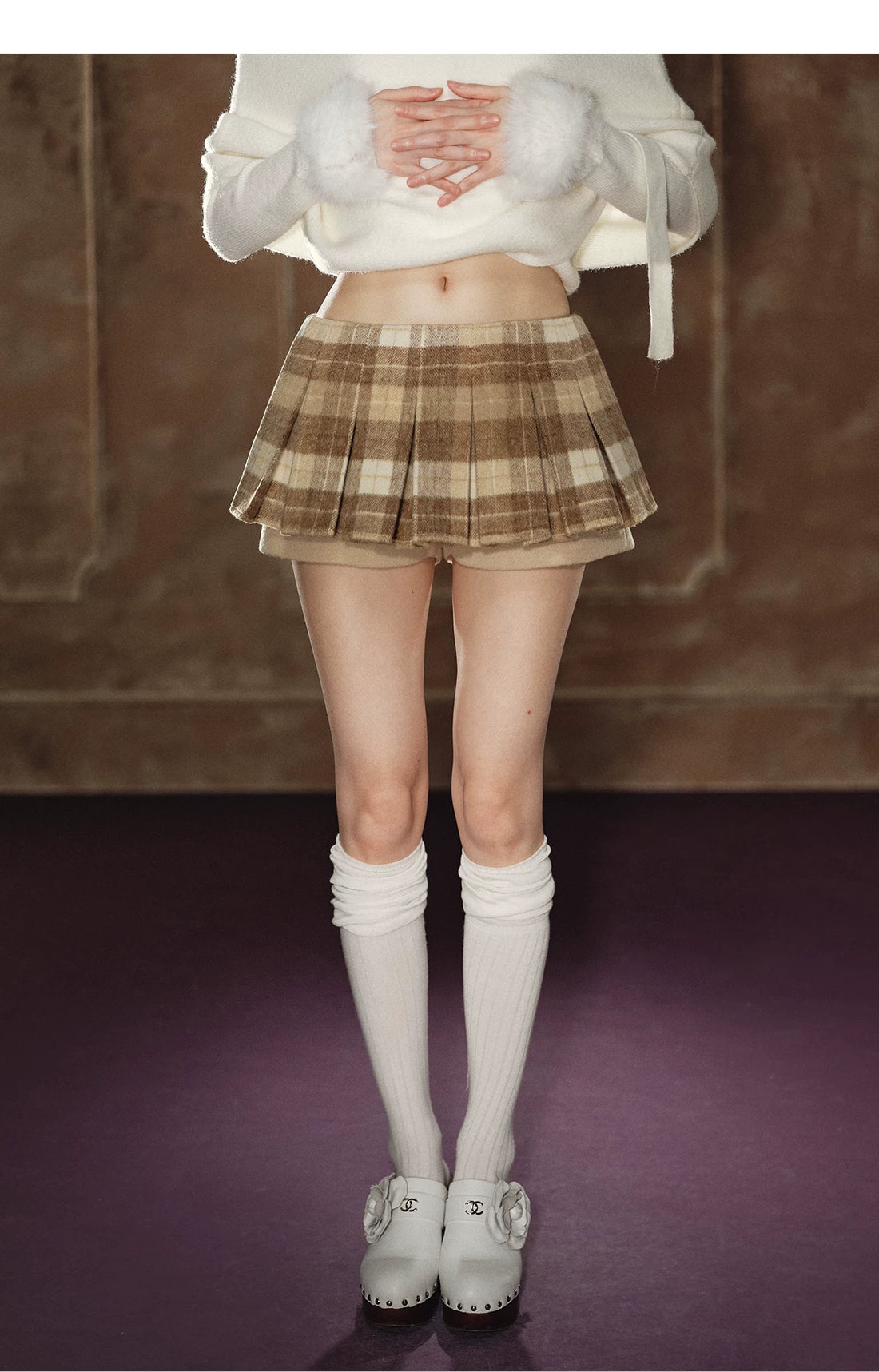 Soft Wool Plaid Pleated Mini Skirt