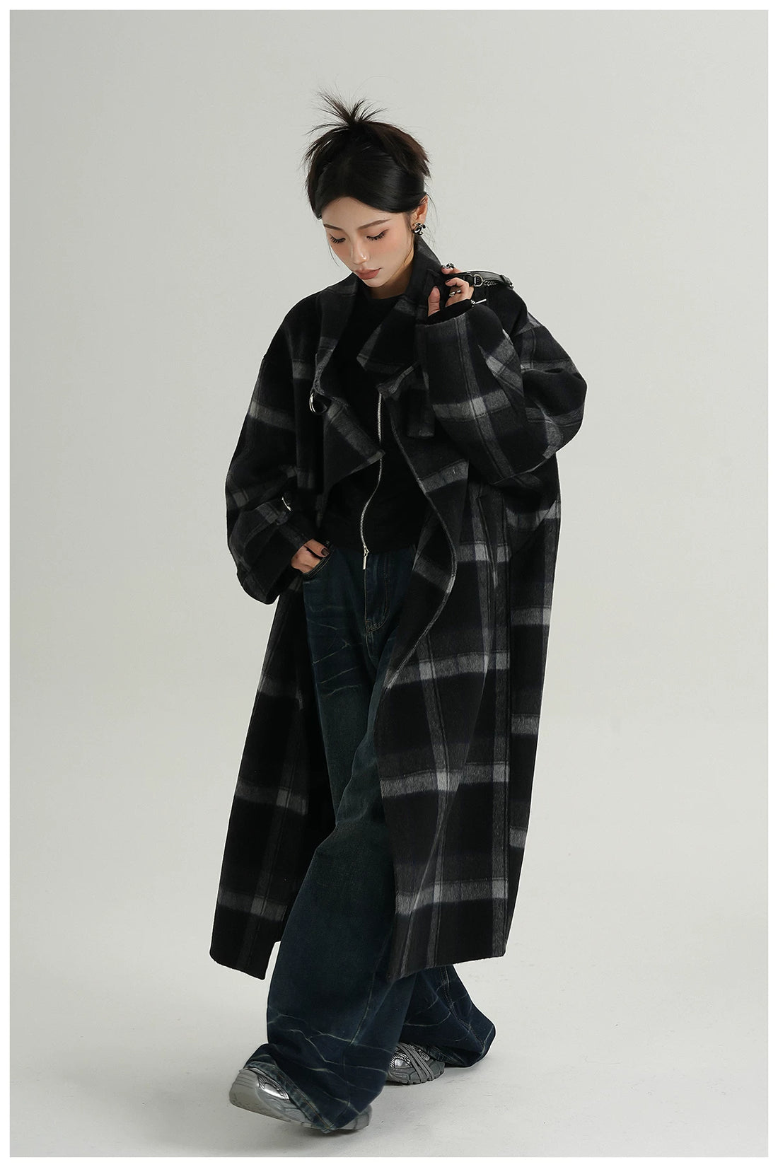 Plaid Stand-Collar Double-Faced Wool Coat