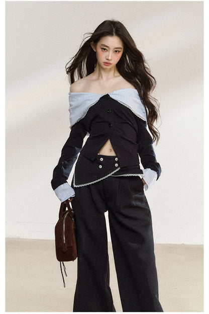 Off-Shoulder Striped Lapel Blouse &amp; Pants Set