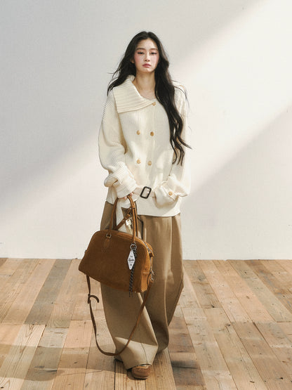 Double-Breasted Belted Knit Cardigan