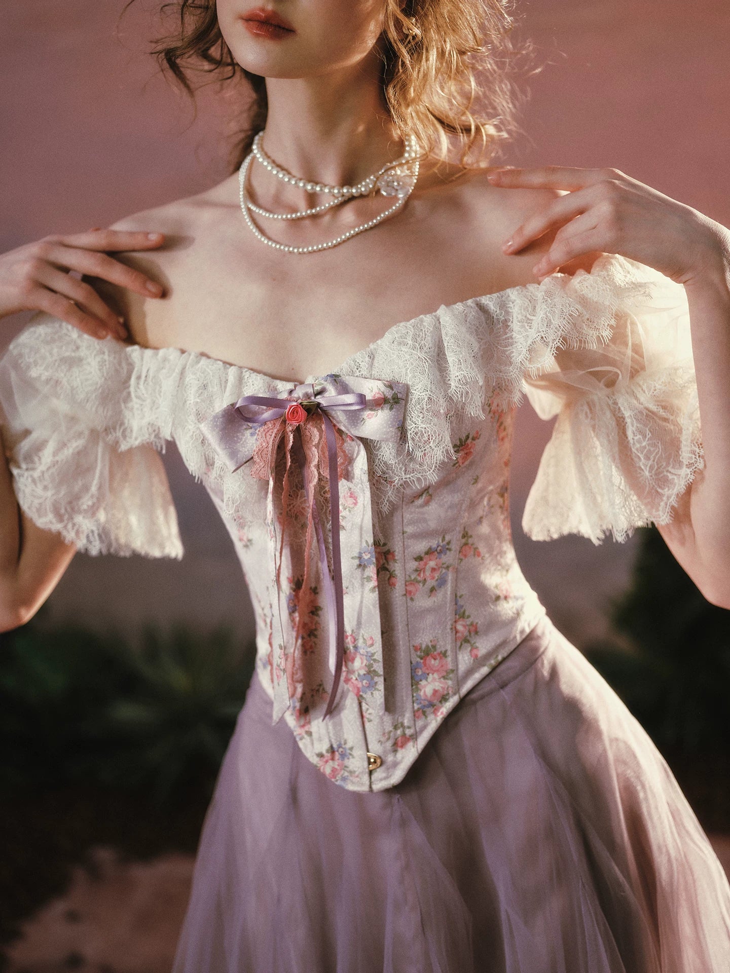 French Victorian Floral Corset Top & Tulle Skirt Set Corset(Pre-sale) / L
