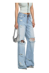 Distressed Straight-Leg Wide-Leg Jeans - CHINASQUAD