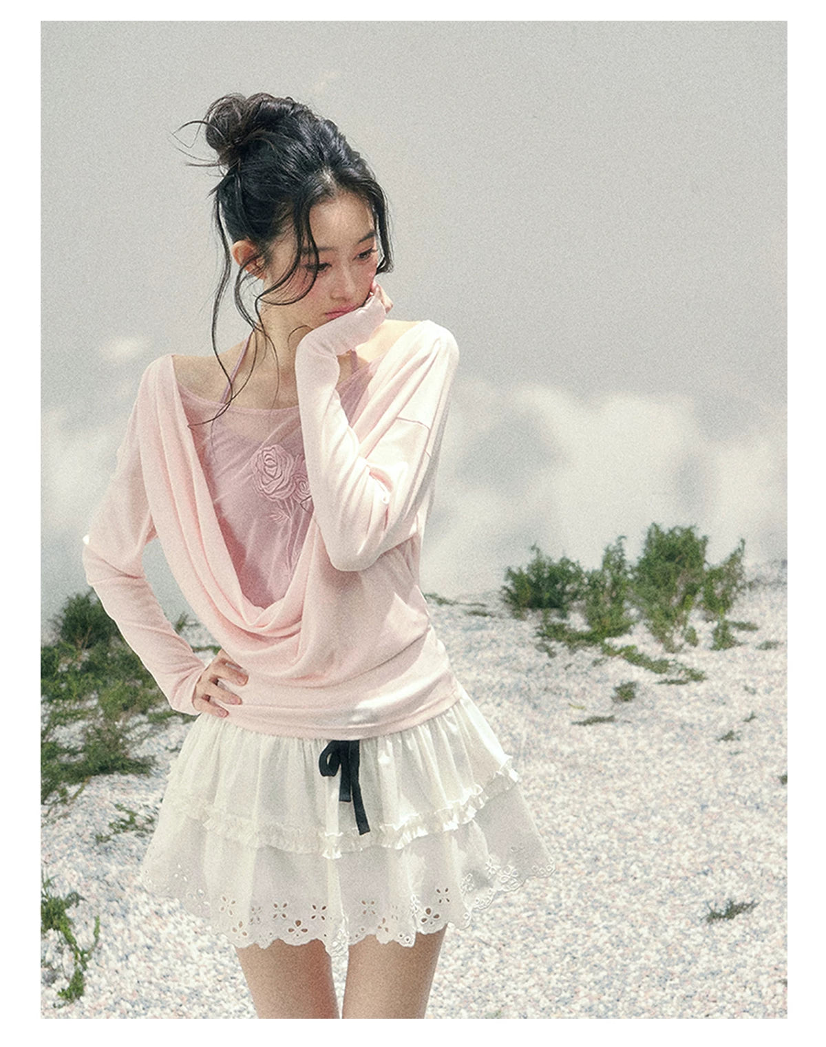 Rose Embroidery Draped Blouse Set