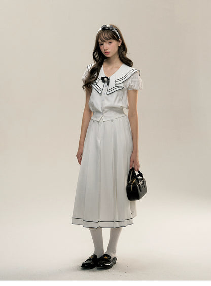 White Sweet Nautical-style Shirt &amp; Skirt Set