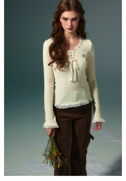 Lace Knit Long Sleeve Sweater - CHINASQUAD