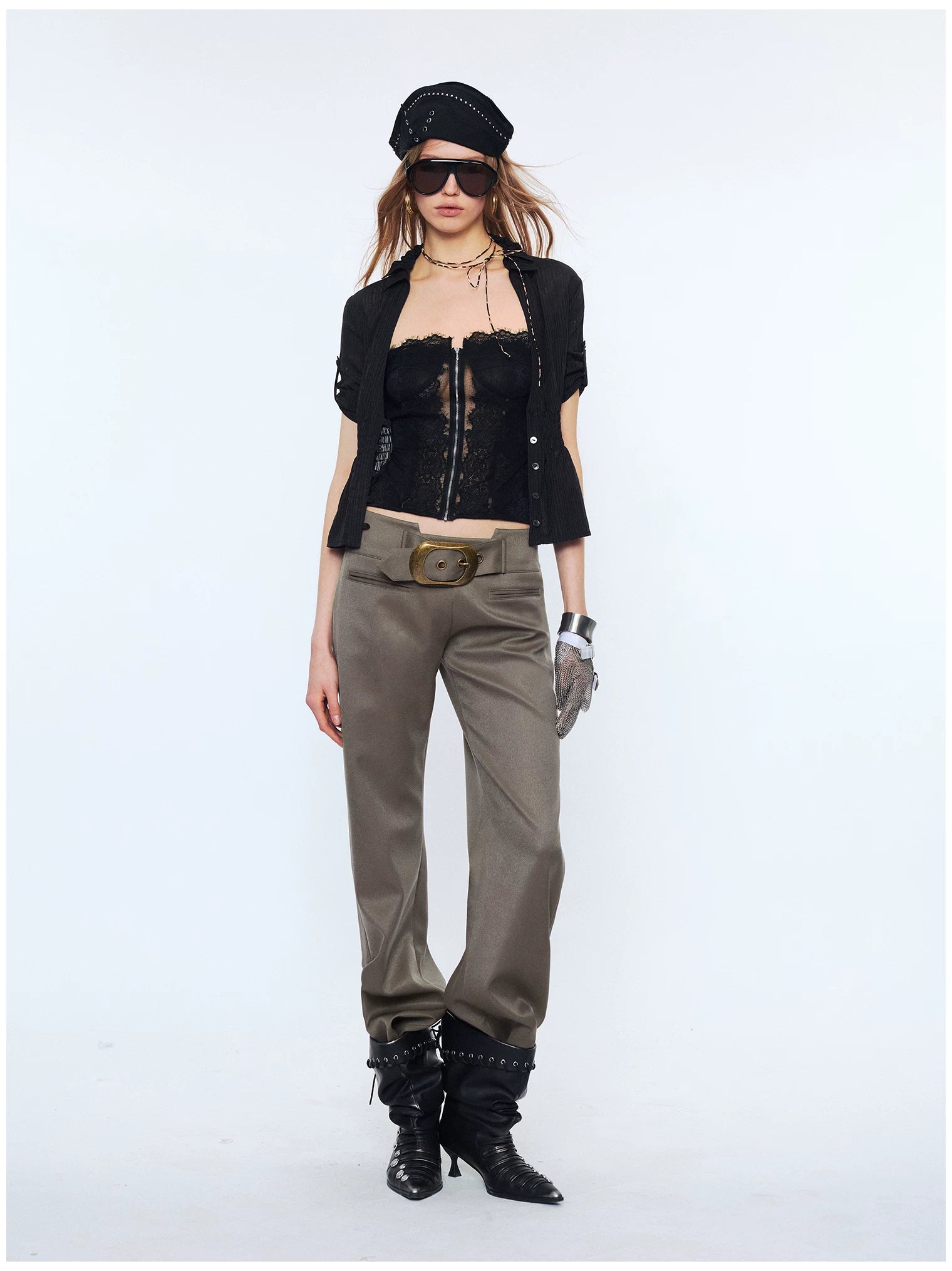 Contrast Lace Panel Two-Piece Shirt