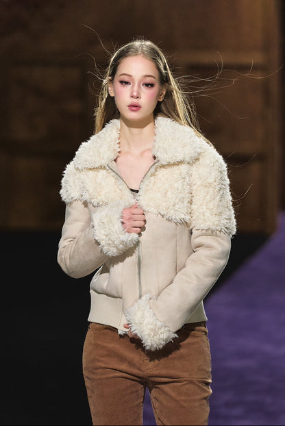 Faux Shearling Fitted Fur-Collar Jacket
