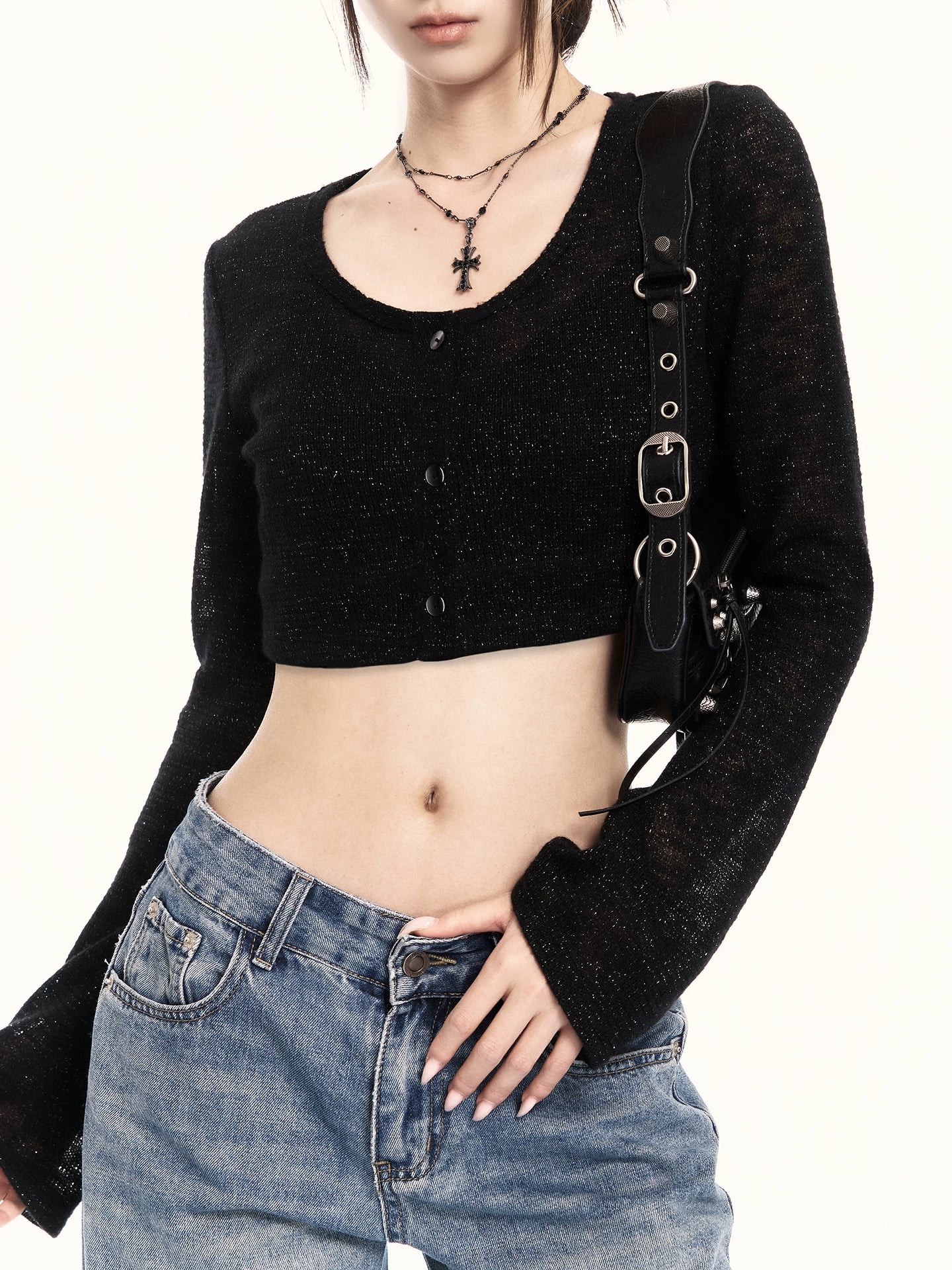 Minimal Black Sheer Knit Cropped Cardigan