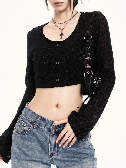 Minimal Black Sheer Knit Cropped Cardigan